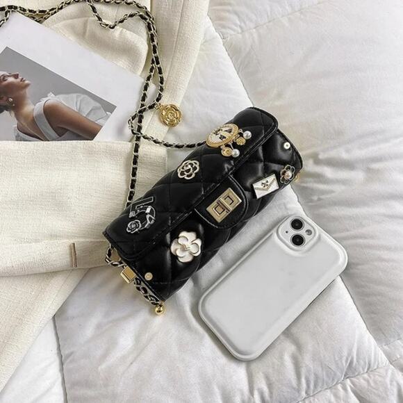 Black Lucky Charms Quilted Cylinder Shoulder Crossbody Bag - Picture 13 of 15